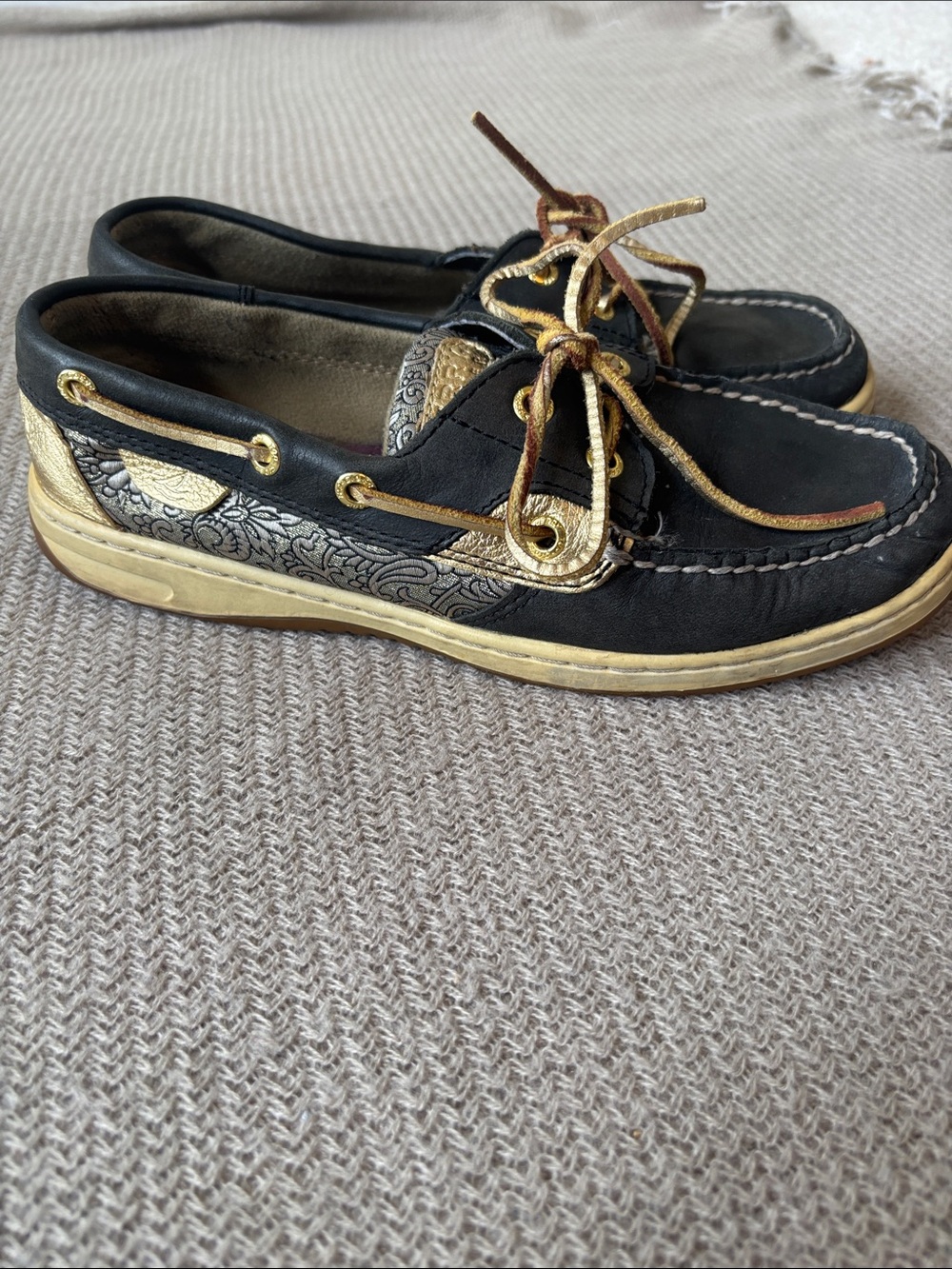 Sperry Black Boat Shoes with Gold Metallic Accents